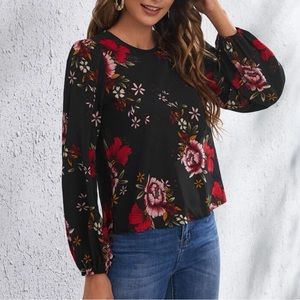 Shein black floral long sleeve blouse top